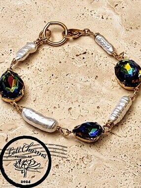 Volcano Premium Crystal Baroque Pearls In  Rae Tennis Bracelet Gold Plated